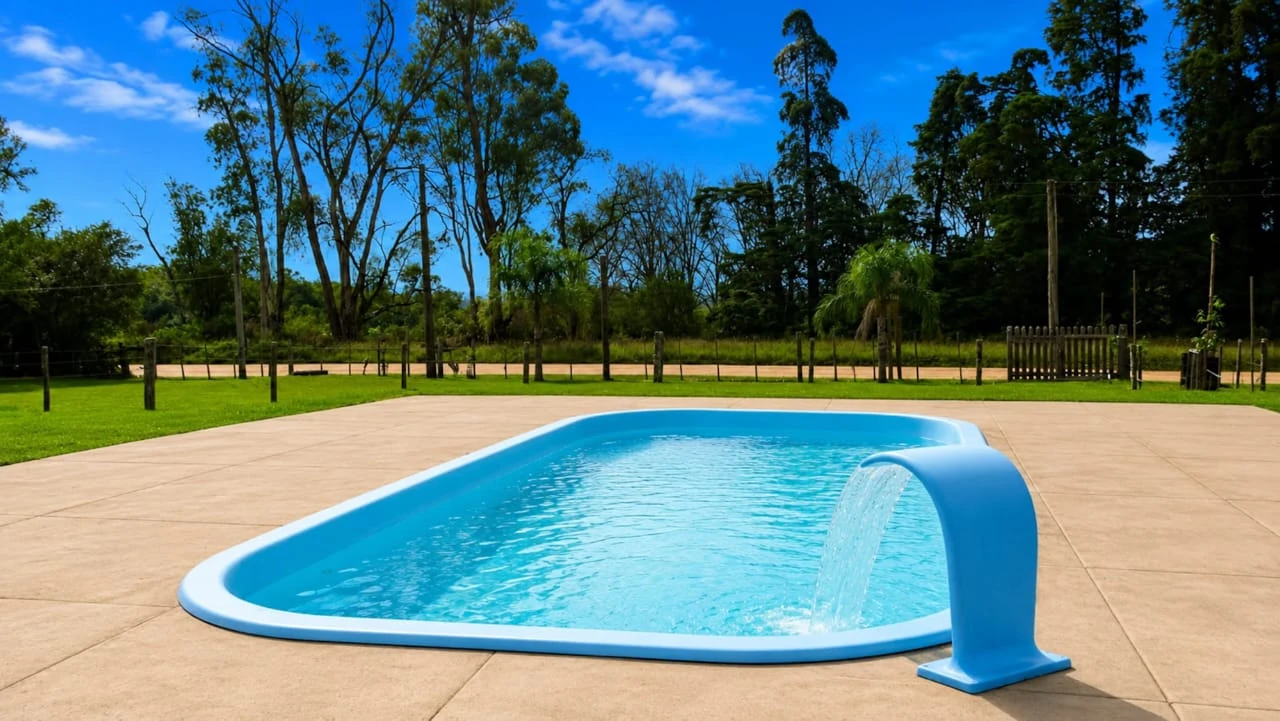 Piscina da Daluztur com cascata, gramado e árvores ao redor